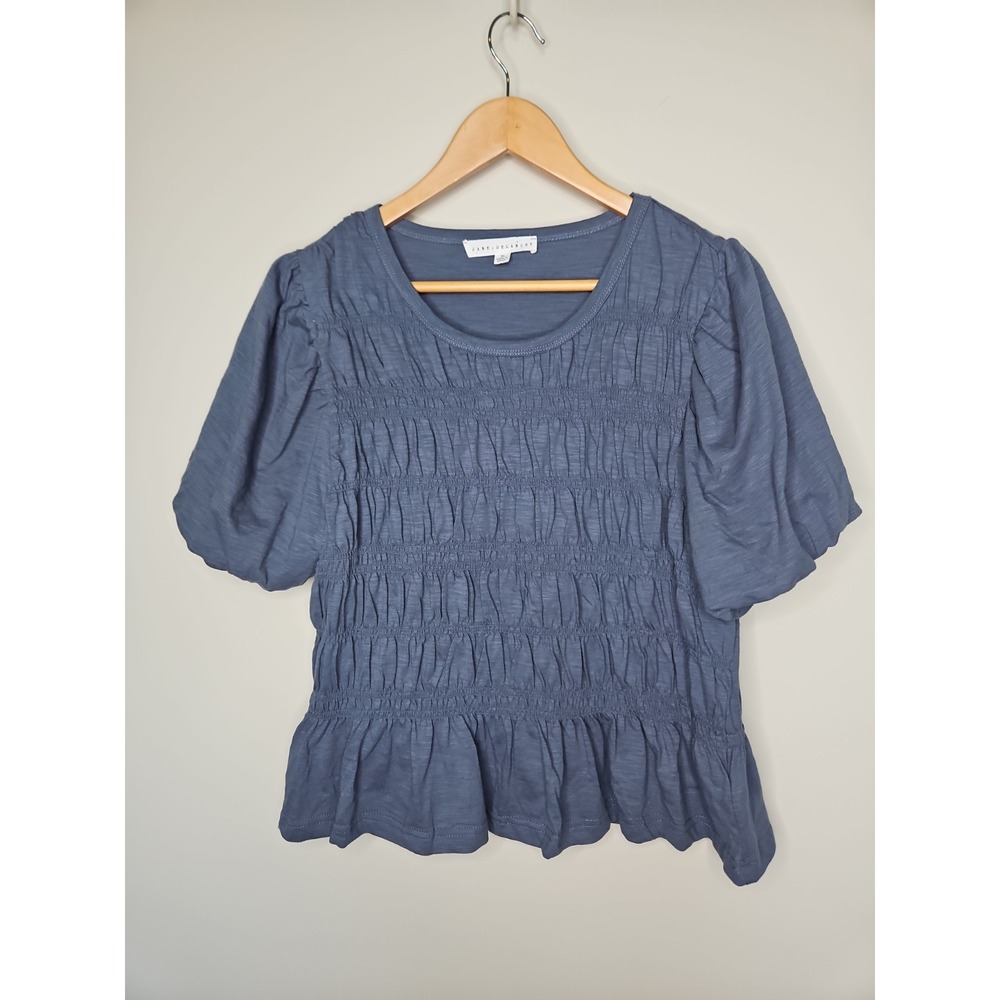 Jane + Delancey Blouse XL Blue Gray Puff Sleeve Smocked Cotton Coastal Boho Chic